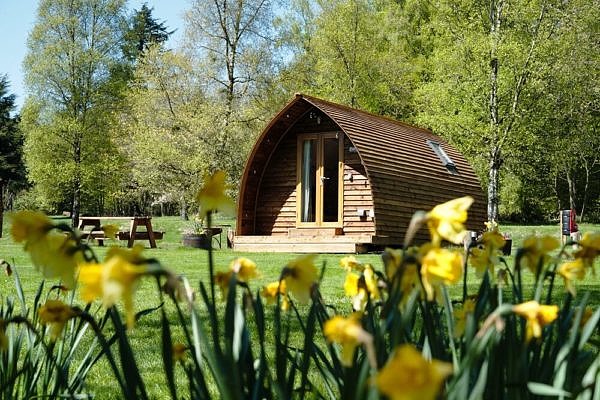 Barn Cottage surrounded by trees and flowers