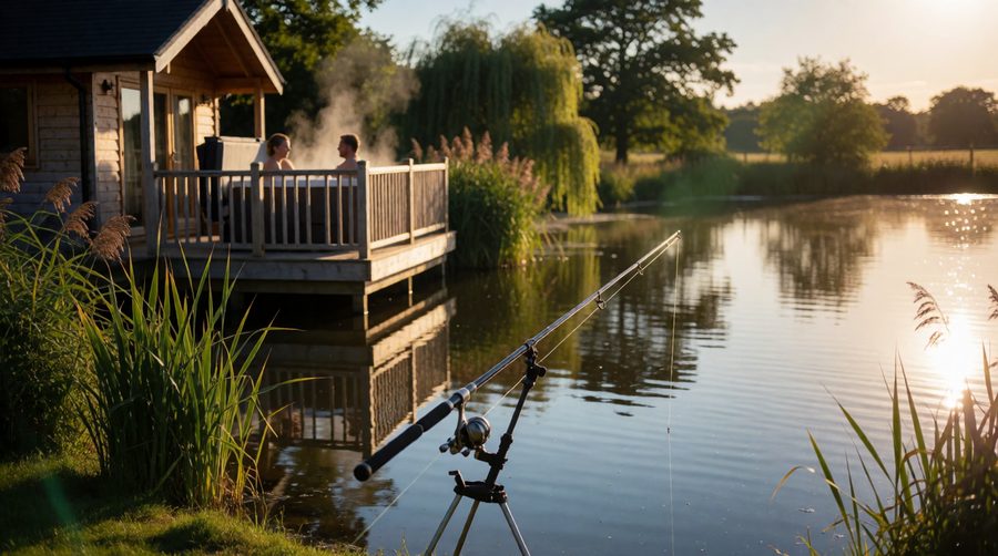 A Lincolnshire fishing lake with a timber lodge and hot tub on the deck