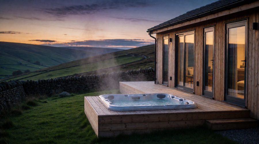 Hot tub lodges near Manchester sit on the edge of the Pennine hills, often under an hour from the city
