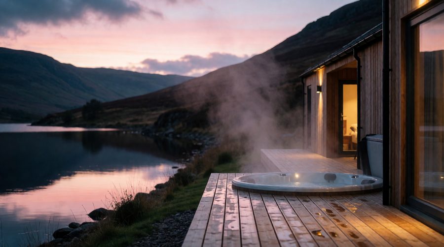 A hot tub on the deck of a Scottish loch-side lodge at dusk