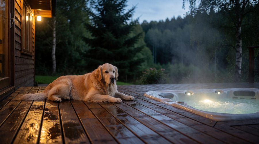 A dog relaxing on the deck beside a private hot tub at a UK lodge in the evening