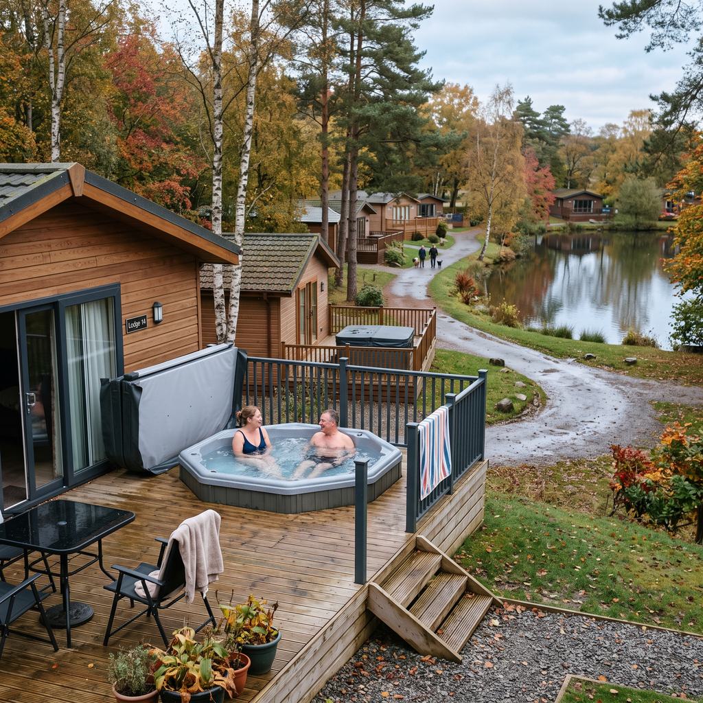 Timber holiday lodges with steaming hot tubs among autumn woodland beside a misty lake