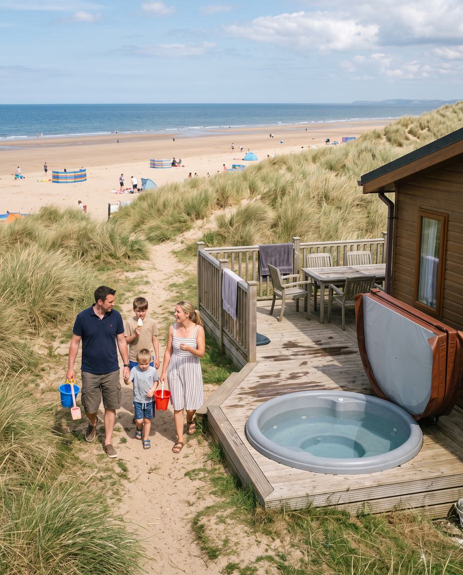 Family walking up from the beach to a cabin in the dunes with a hot tub on its deck