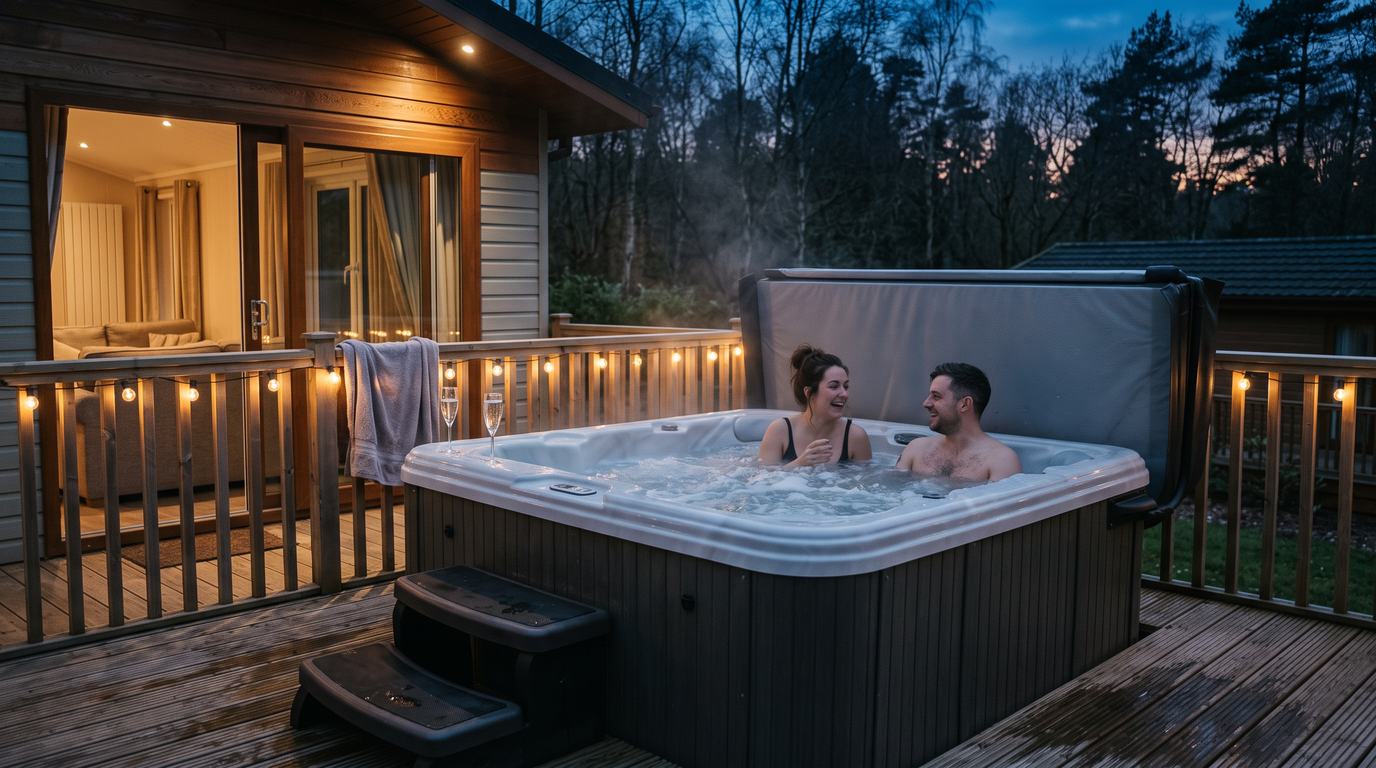 Couple with glasses of fizz in a hot tub under fairy lights at night