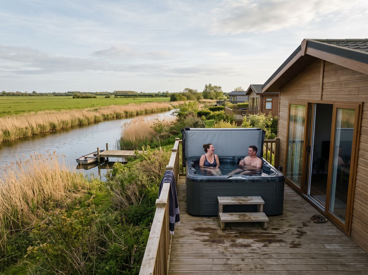 Lodge with a hot tub beside reed beds and a quiet river under a big East of England sky