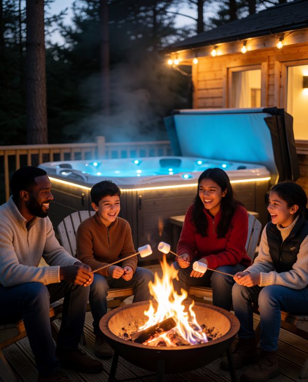 Family toasting marshmallows round a fire pit on a lodge deck next to the hot tub