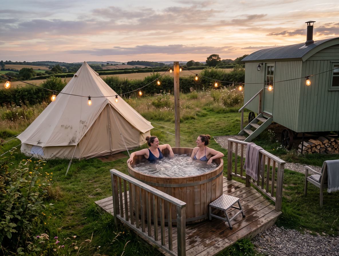 Hot tub on a deck between a safari tent and a shepherd's hut in a meadow at sunset