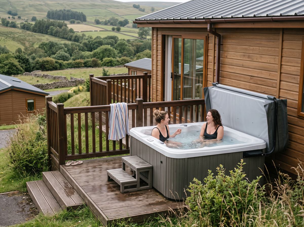 Couple in a hot tub on a lodge deck overlooking rolling green hills