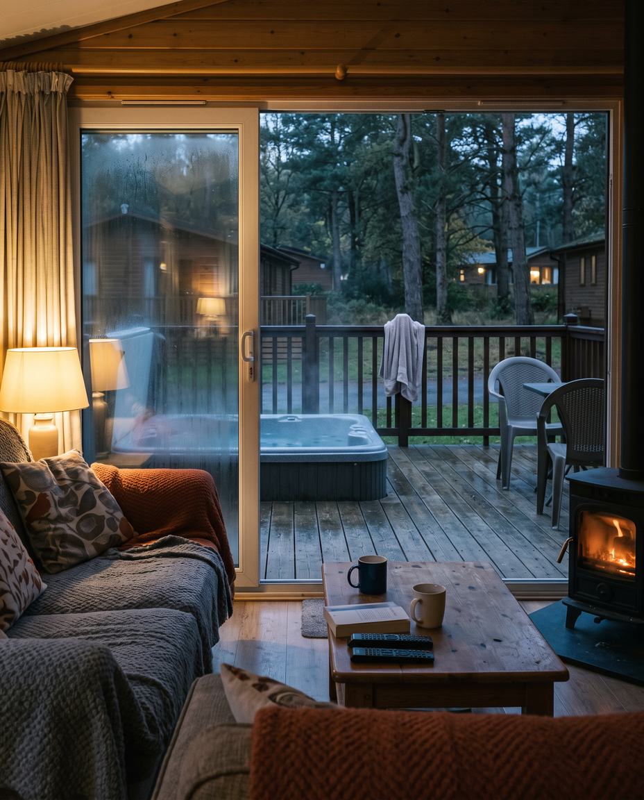 Cosy lodge living room with a log burner, sofas and blankets