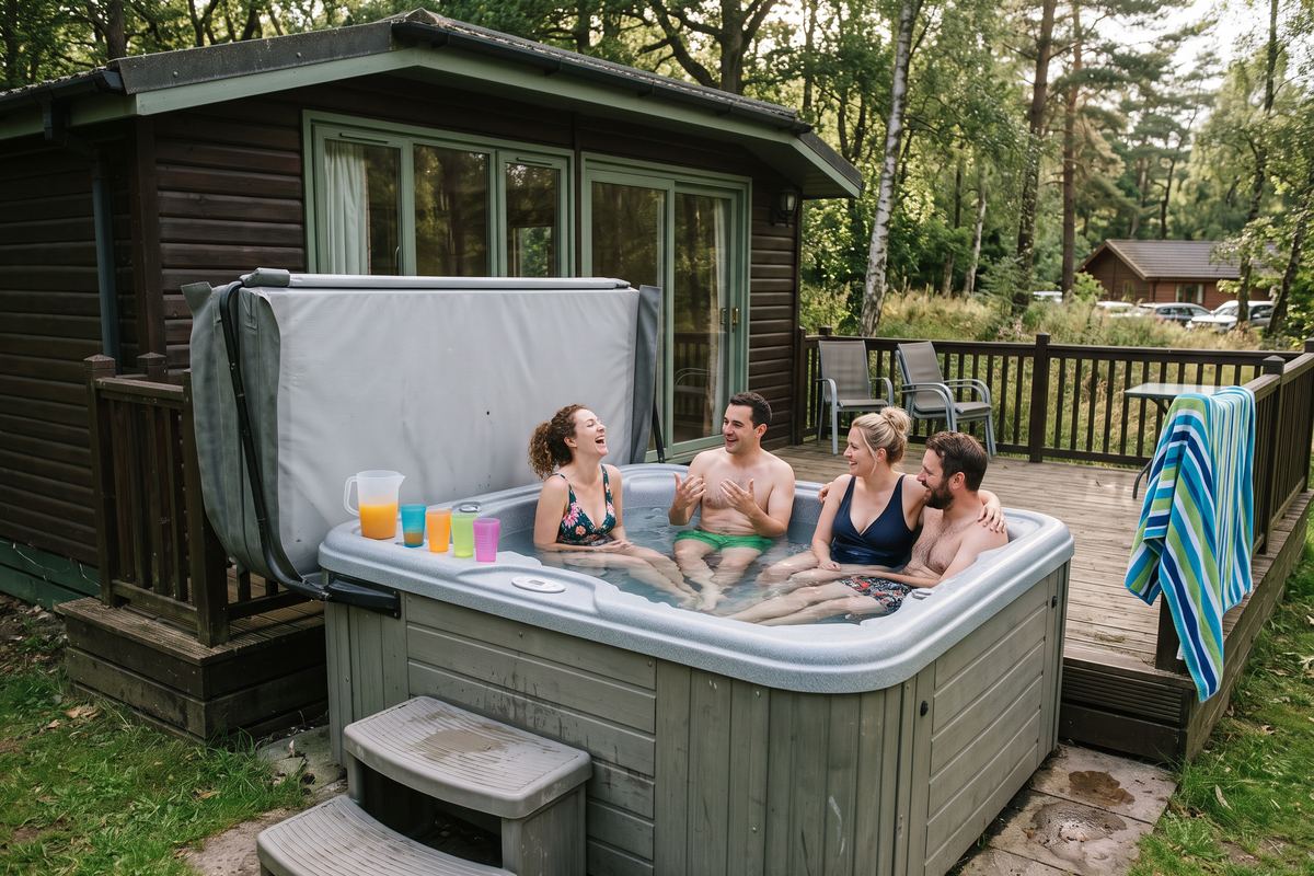 Friends laughing together in a hot tub on the deck of a woodland log cabin