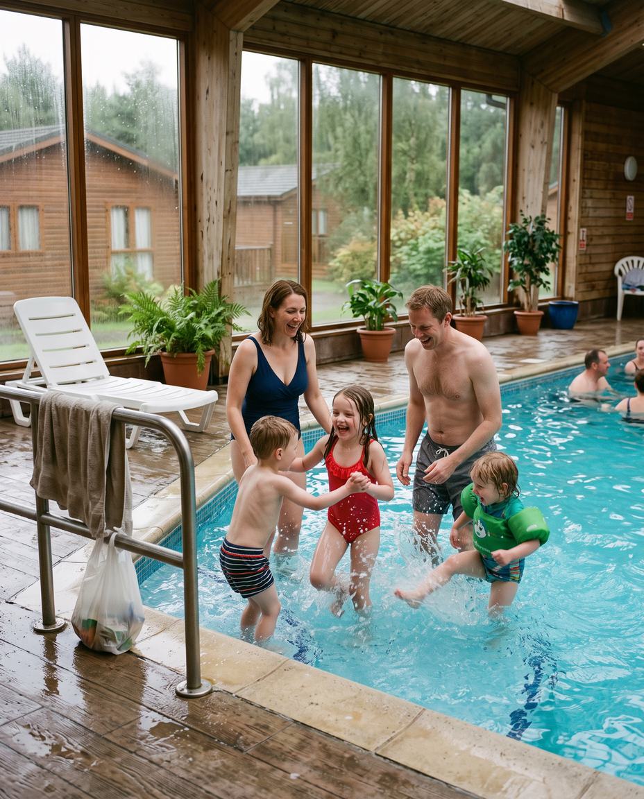 Family splashing in an indoor swimming pool at a holiday park
