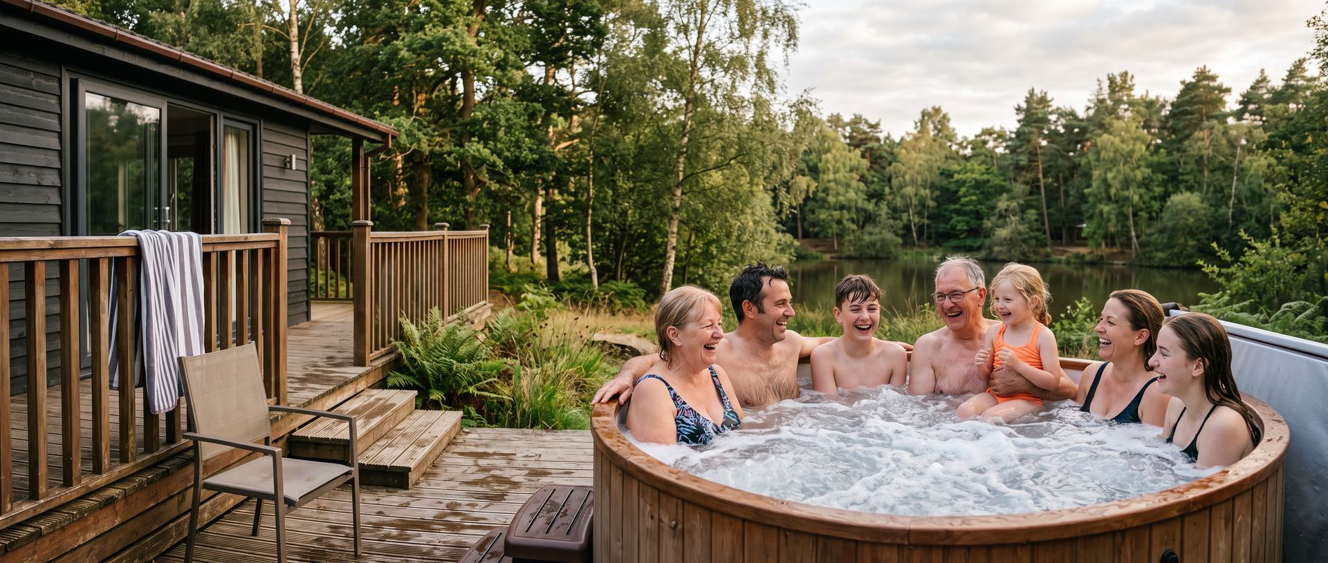 Family laughing together in a wooden hot tub on the deck of a lakeside lodge in the woods