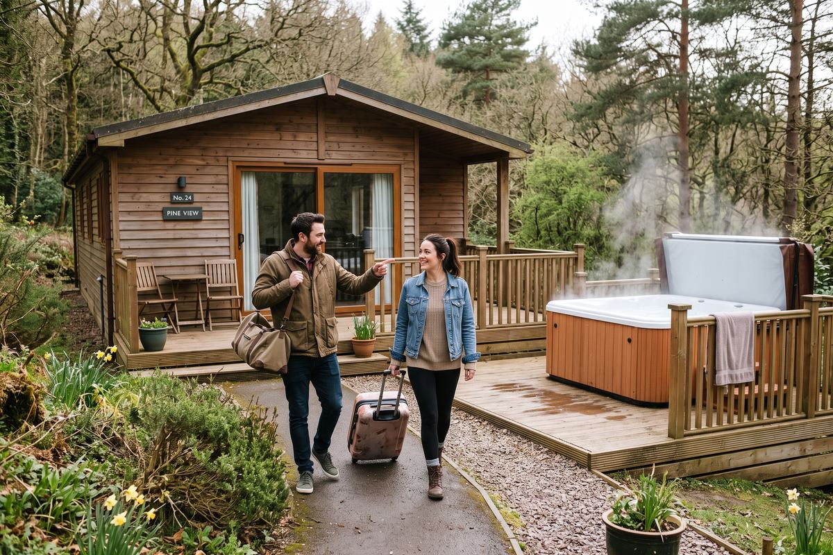 Couple arriving with their bags at a timber lodge with a steaming hot tub on the deck