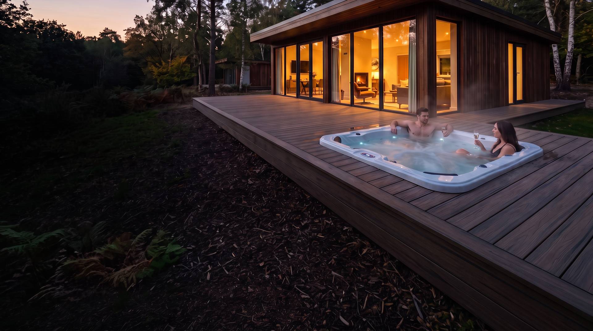 Couple with glasses of champagne in a hot tub set into the deck of a modern luxury lodge in the woods at dusk