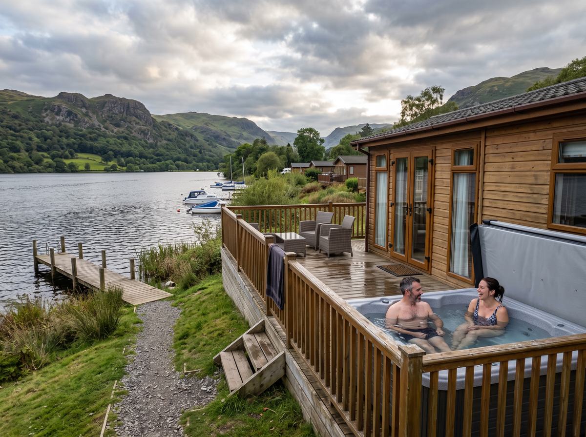 Lakeside lodge with a hot tub and wooden jetty below green fells