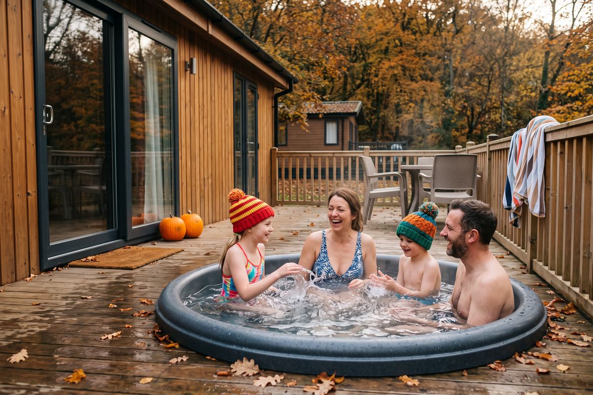 Family in woolly hats laughing together in a hot tub on a lodge deck in October half term
