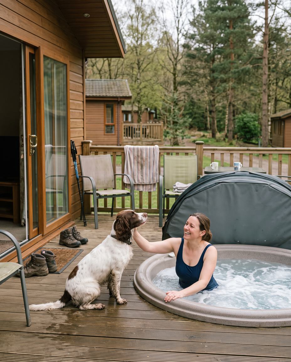 Spaniel sitting beside its owner in a hot tub on a lodge deck