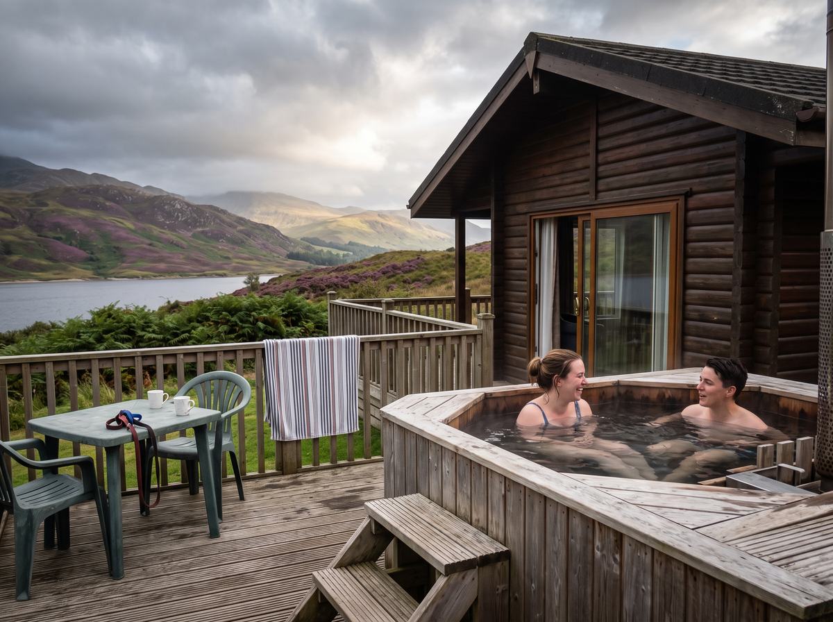 Couple in a wood-fired hot tub at a cabin in a Highland glen with heather and a loch