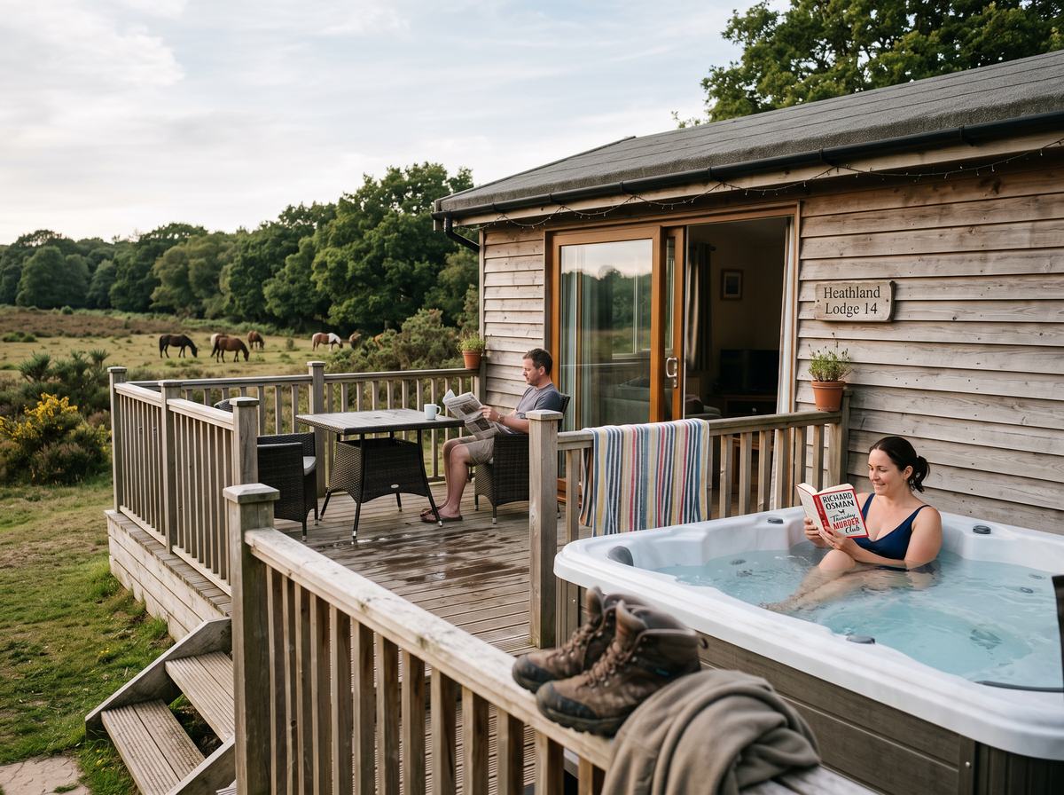 Hot tub on a lodge deck at the edge of heathland with ponies grazing