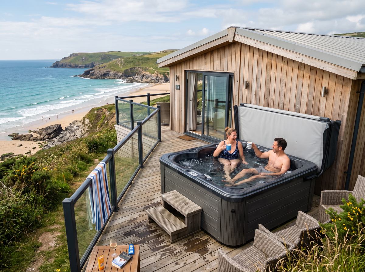 Couple in a clifftop hot tub above a sandy cove and turquoise sea