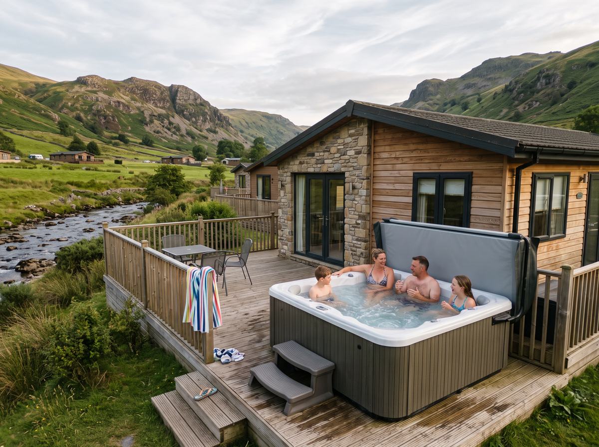 Family in a hot tub at a stone and timber lodge in a green Welsh mountain valley